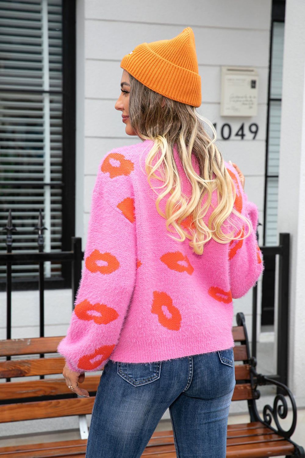 Printed Round Neck Long Sleeve Fuzzy Sweater