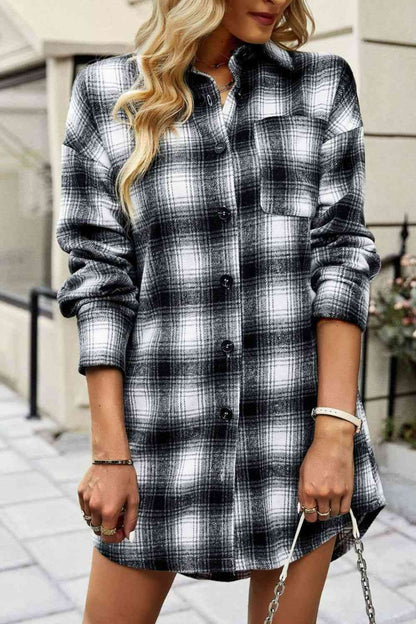 Plaid Curved Hem Longline Shirt Jacket