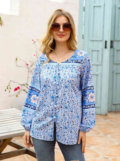 Full Size Bohemian Round Neck Balloon Sleeve Shirt