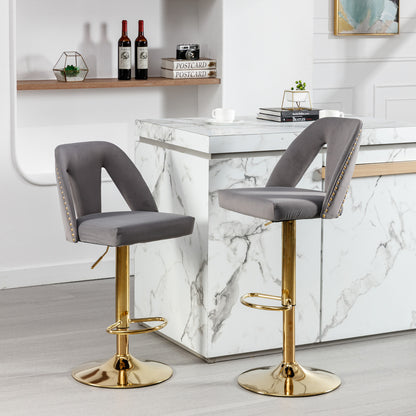 Golden Swivel Velvet Barstools Adjusatble Seat Height from 25-33 Inch, Modern Upholstered Bar Stool & Counter Stools with Nailheads for Home Pub and Kitchen Island,Set of 2, Gray