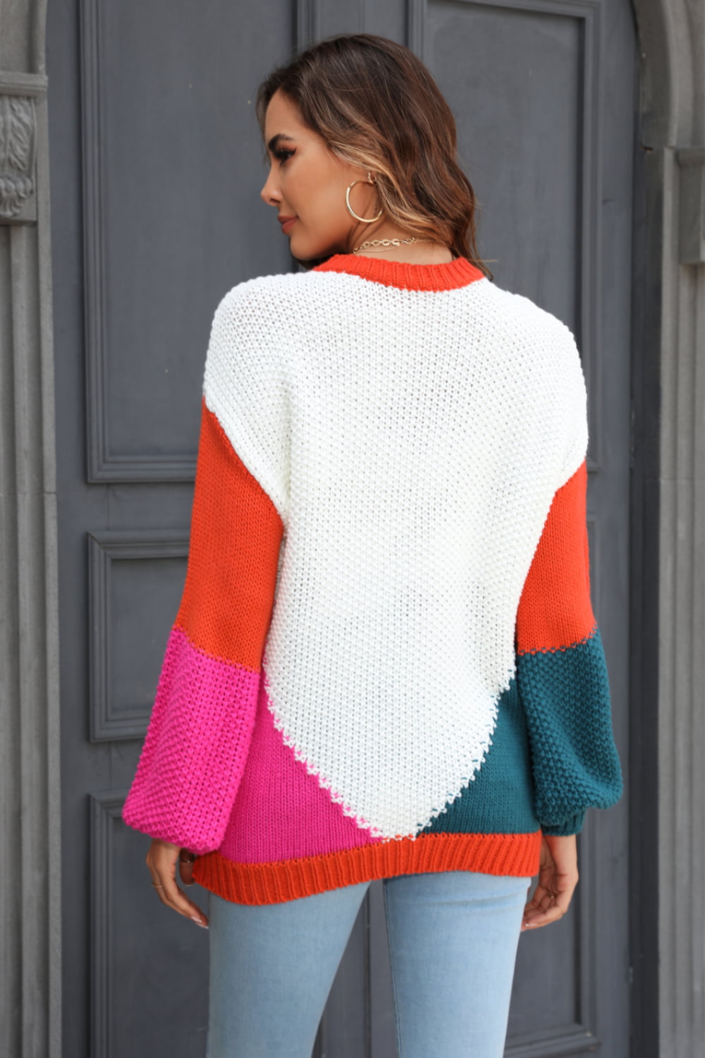 Color Block Round Neck Drop Shoulder Sweater