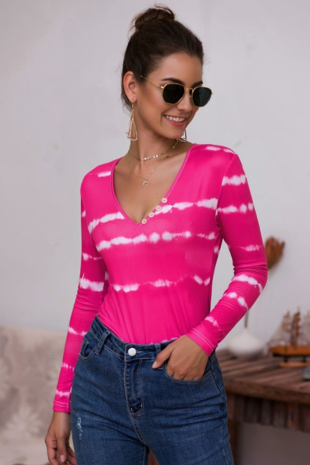 Tie-Dye Plunge Long Sleeve Top