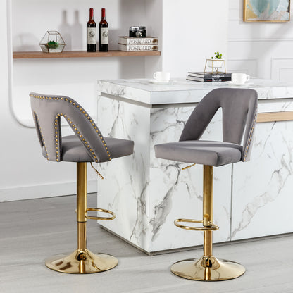Golden Swivel Velvet Barstools Adjusatble Seat Height from 25-33 Inch, Modern Upholstered Bar Stool & Counter Stools with Nailheads for Home Pub and Kitchen Island,Set of 2, Gray