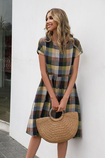 Plaid Round Neck Cap Sleeve Dress