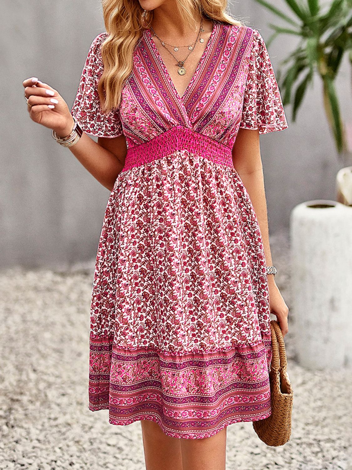 Floral Print Bohemian Style V-Neck Flutter Sleeve Dress