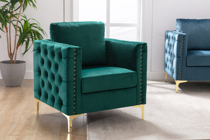 Modern Velvet Armchair Tufted Button Accent Chair Club Chair with Steel Legs for Living Room Bedroom，Green