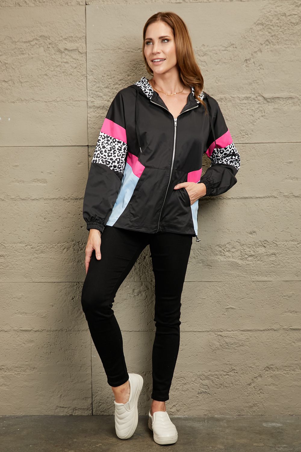 Double Take Leopard Color Block Zip-Up Hooded Jacket