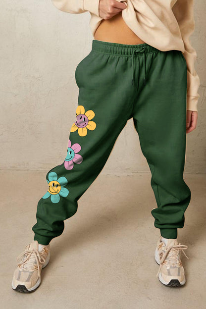 Simply Love Full Size Drawstring Flower Graphic Long Sweatpants