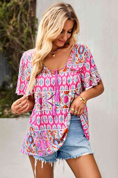 Bohemian Tied Flutter Sleeve Blouse