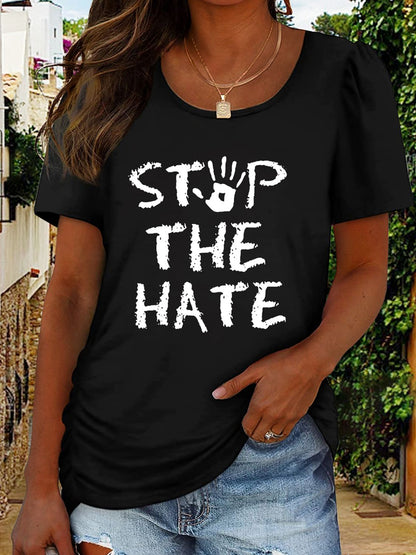 Round Neck Short Sleeve STOP THE HATE Graphic T-Shirt