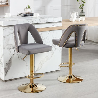 Golden Swivel Velvet Barstools Adjusatble Seat Height from 25-33 Inch, Modern Upholstered Bar Stool & Counter Stools with Nailheads for Home Pub and Kitchen Island,Set of 2, Gray