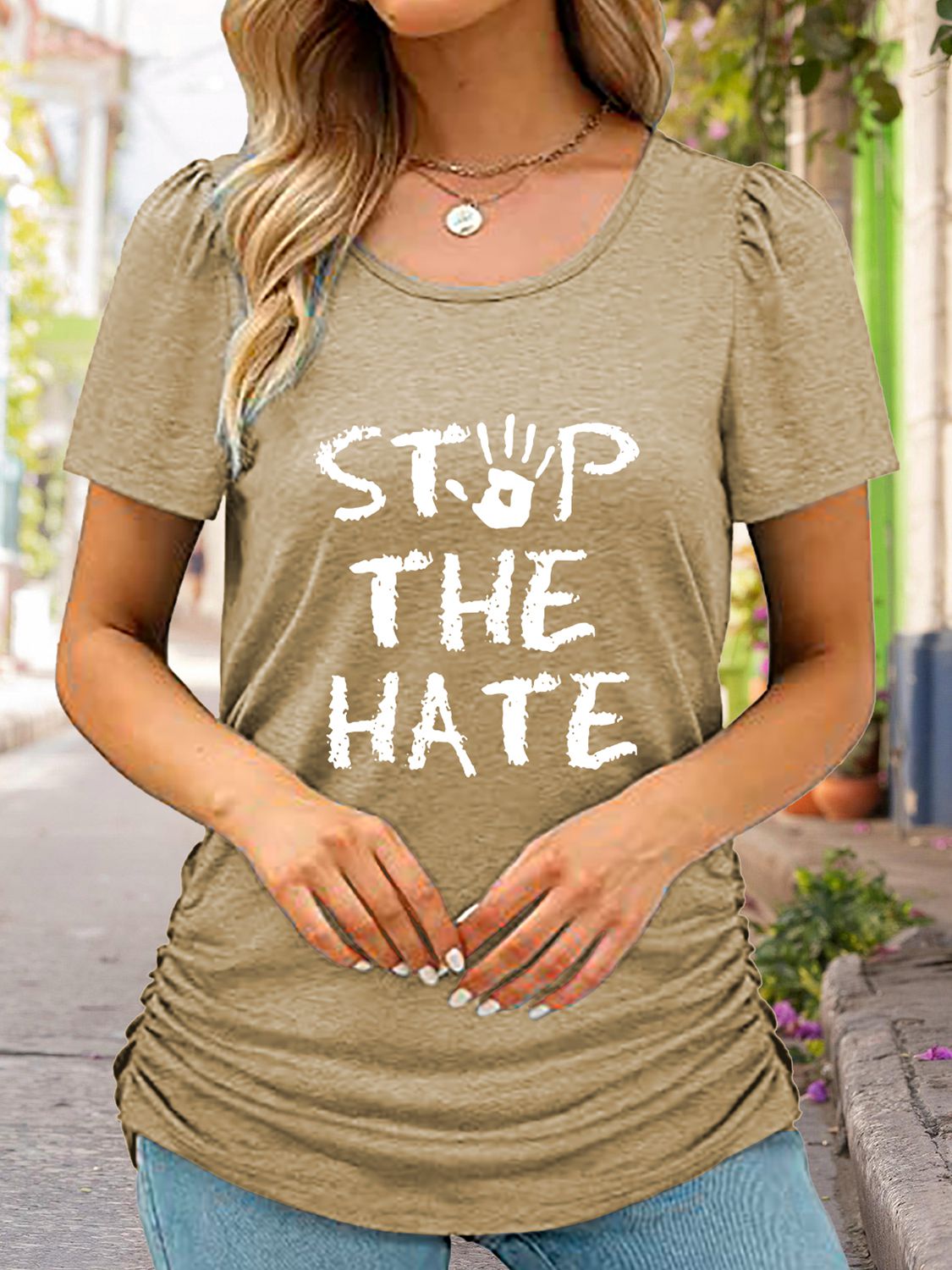 Round Neck Short Sleeve STOP THE HATE Graphic T-Shirt