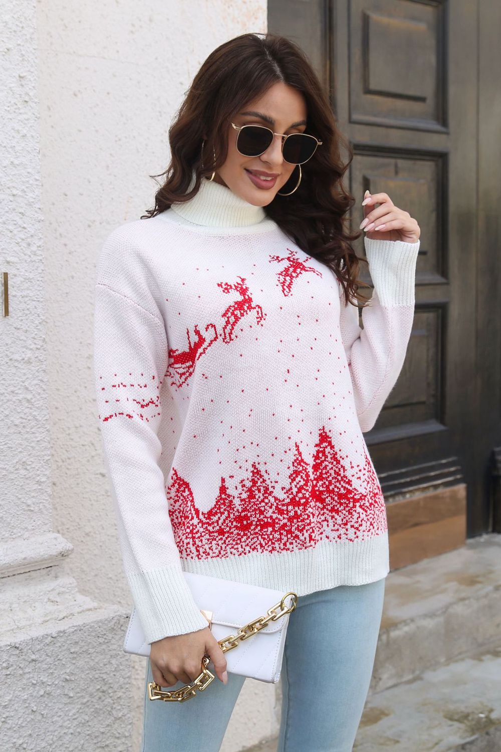 Reindeer & Snow Pattern Turtle Neck Pullover Sweater