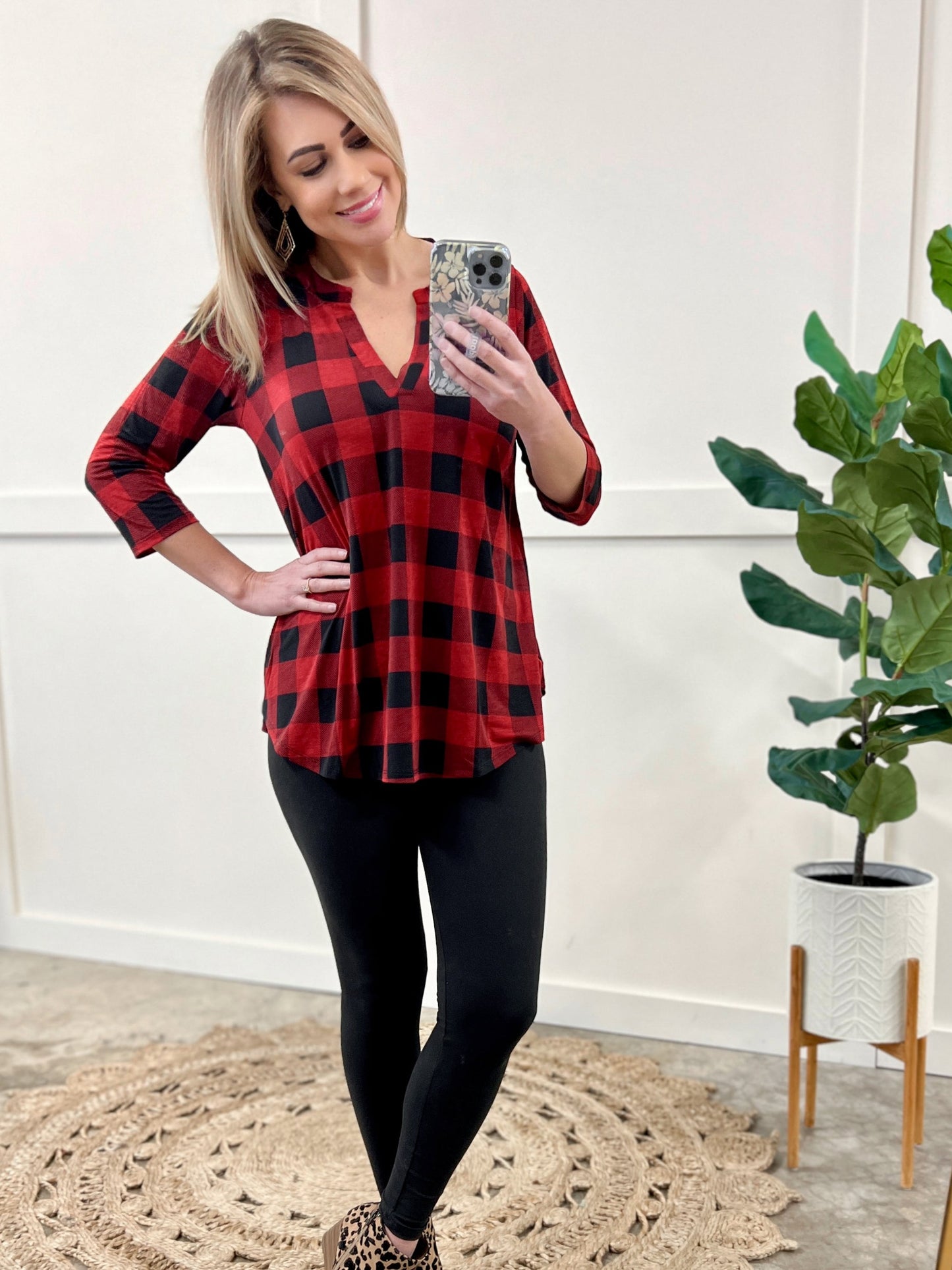 12.6 Stretchy Gabby Front Top In Red Buffalo Plaid