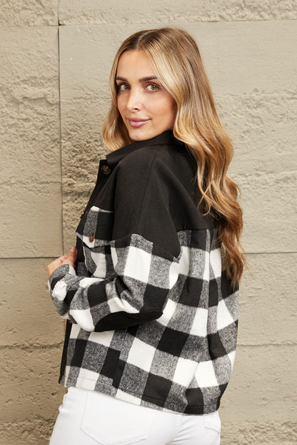 Double Take Plaid Button-Up Shirt Jacket with Pockets