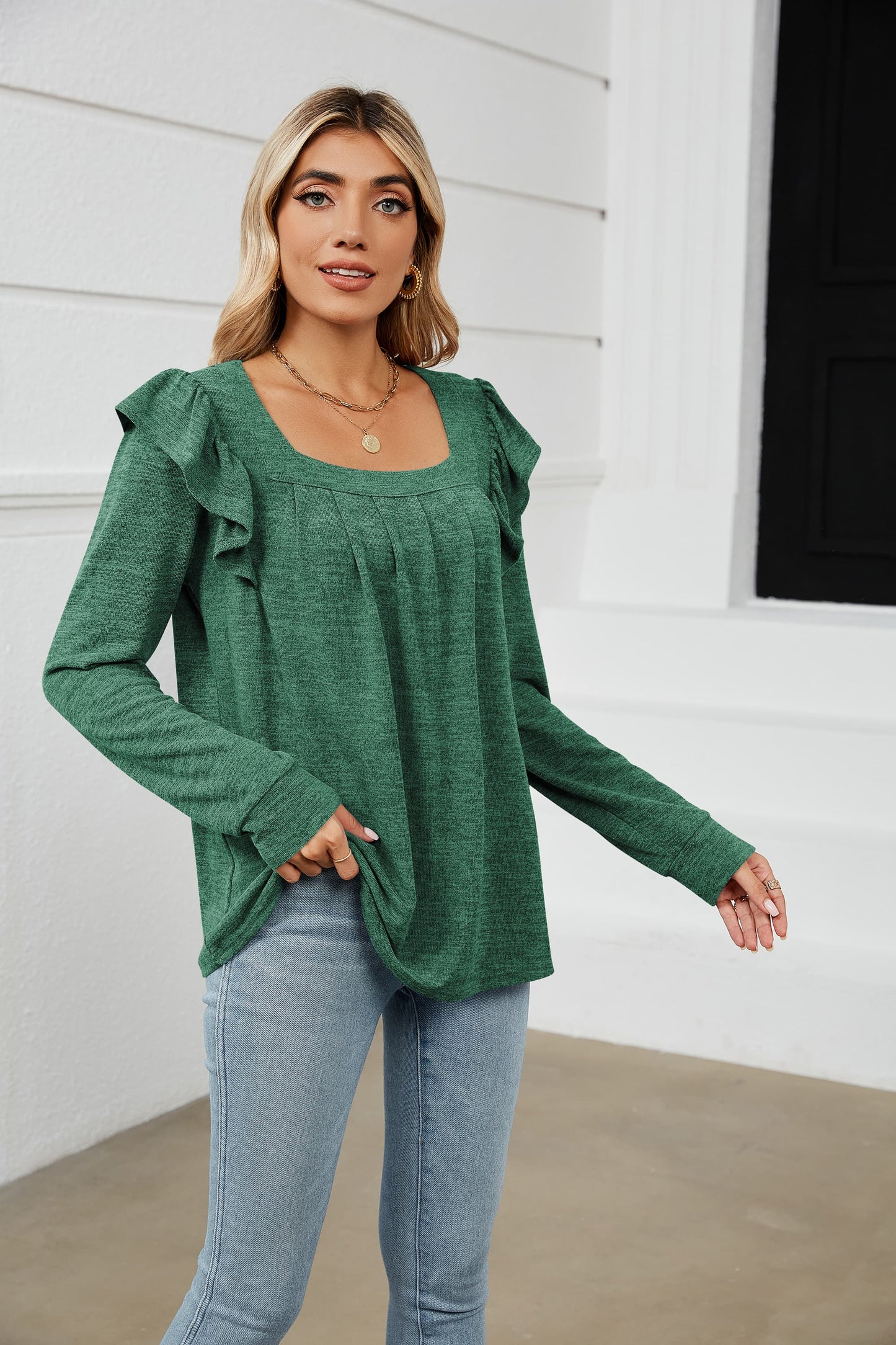 Square Neck Ruffle Shoulder Long Sleeve T-Shirt