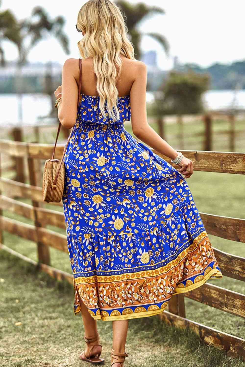 Bohemian Strapless Slit Midi Dress