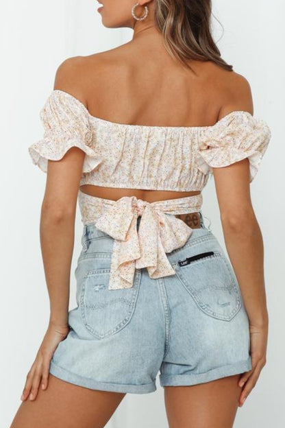 Flower Print Ruffle Trim Off-Shoulder Back Tie Blouse