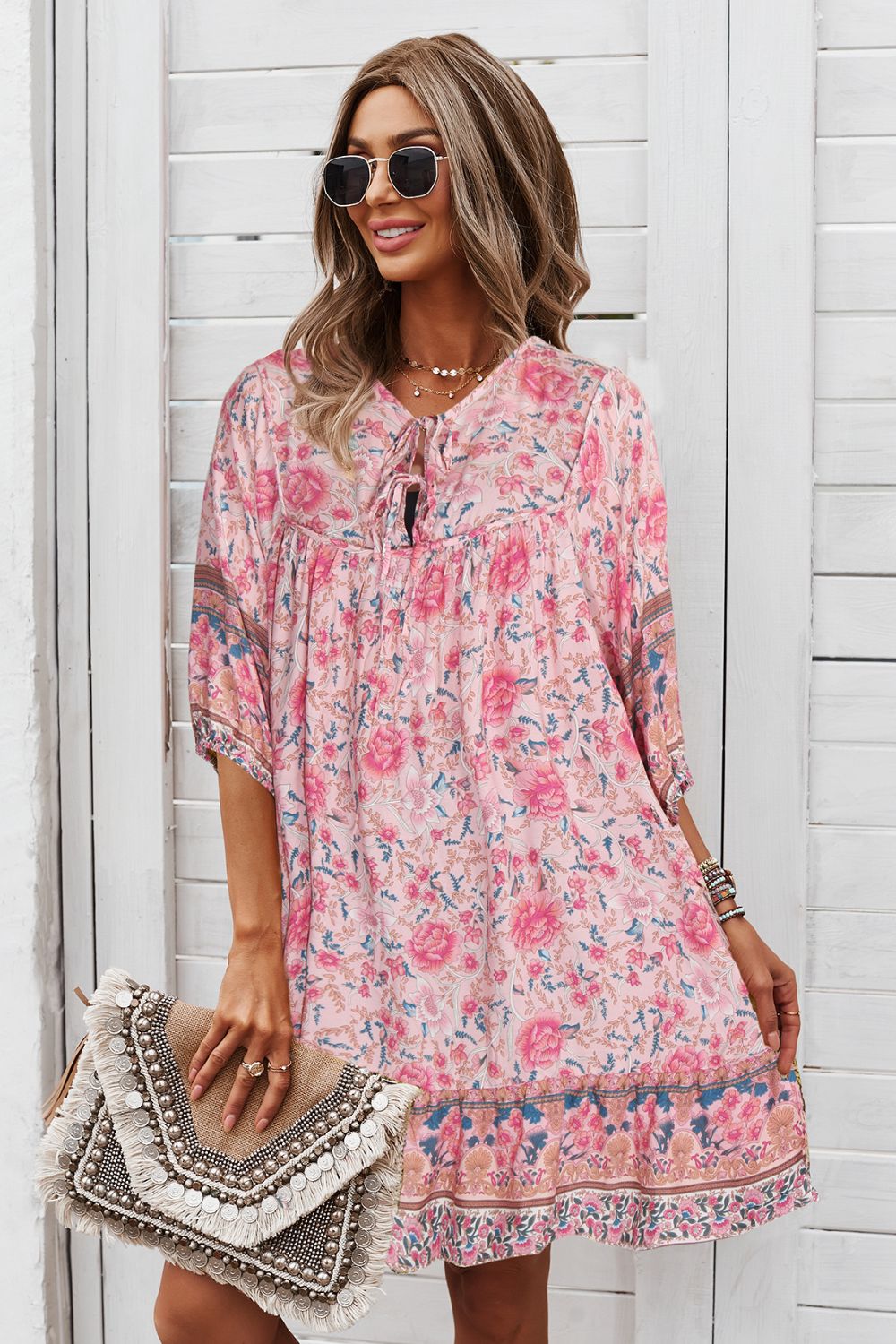 Bohemian Tie Neck Mini Dress