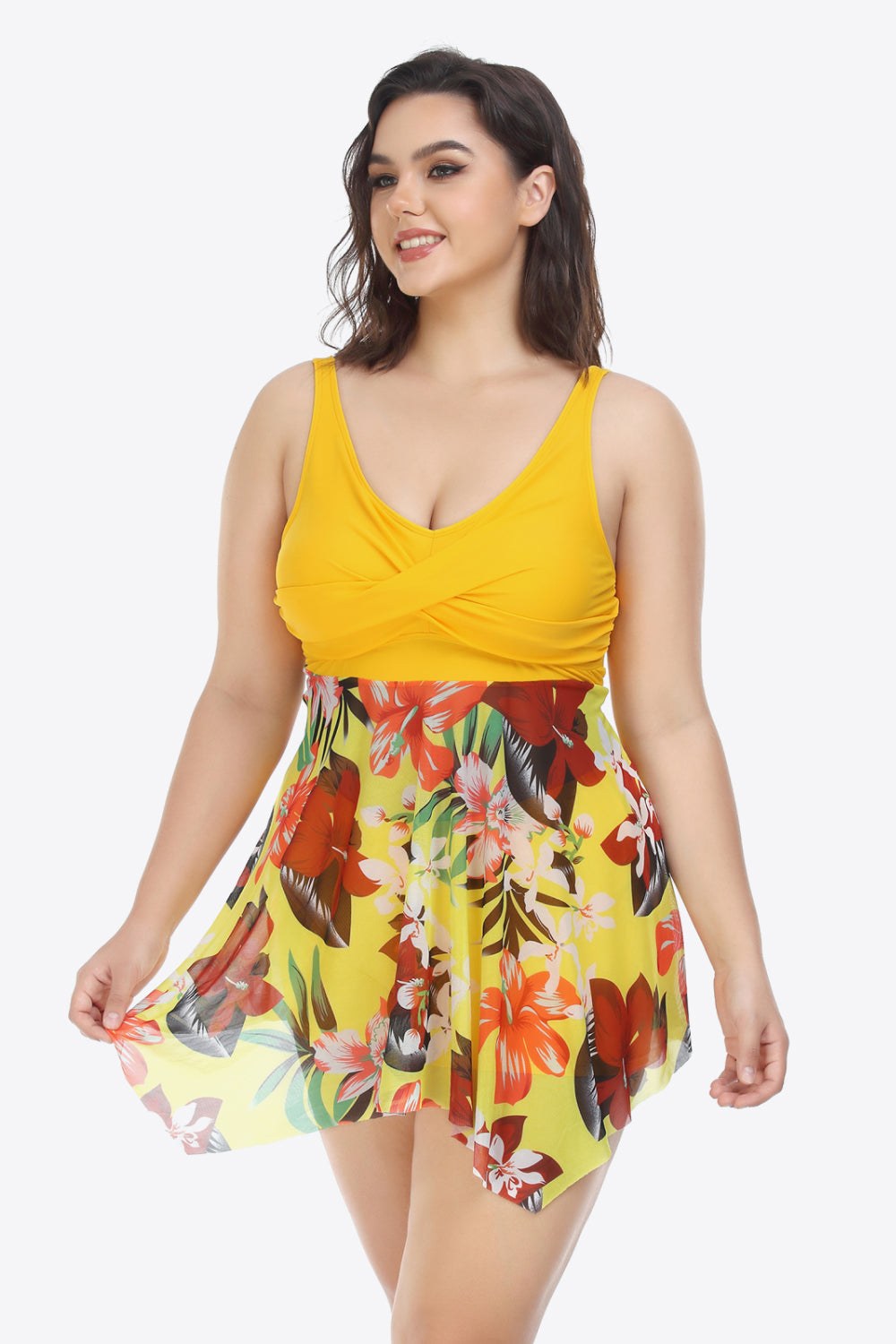 Plus Size Floral Two-Tone Asymmetrical Hem Two-Piece Swimsuit