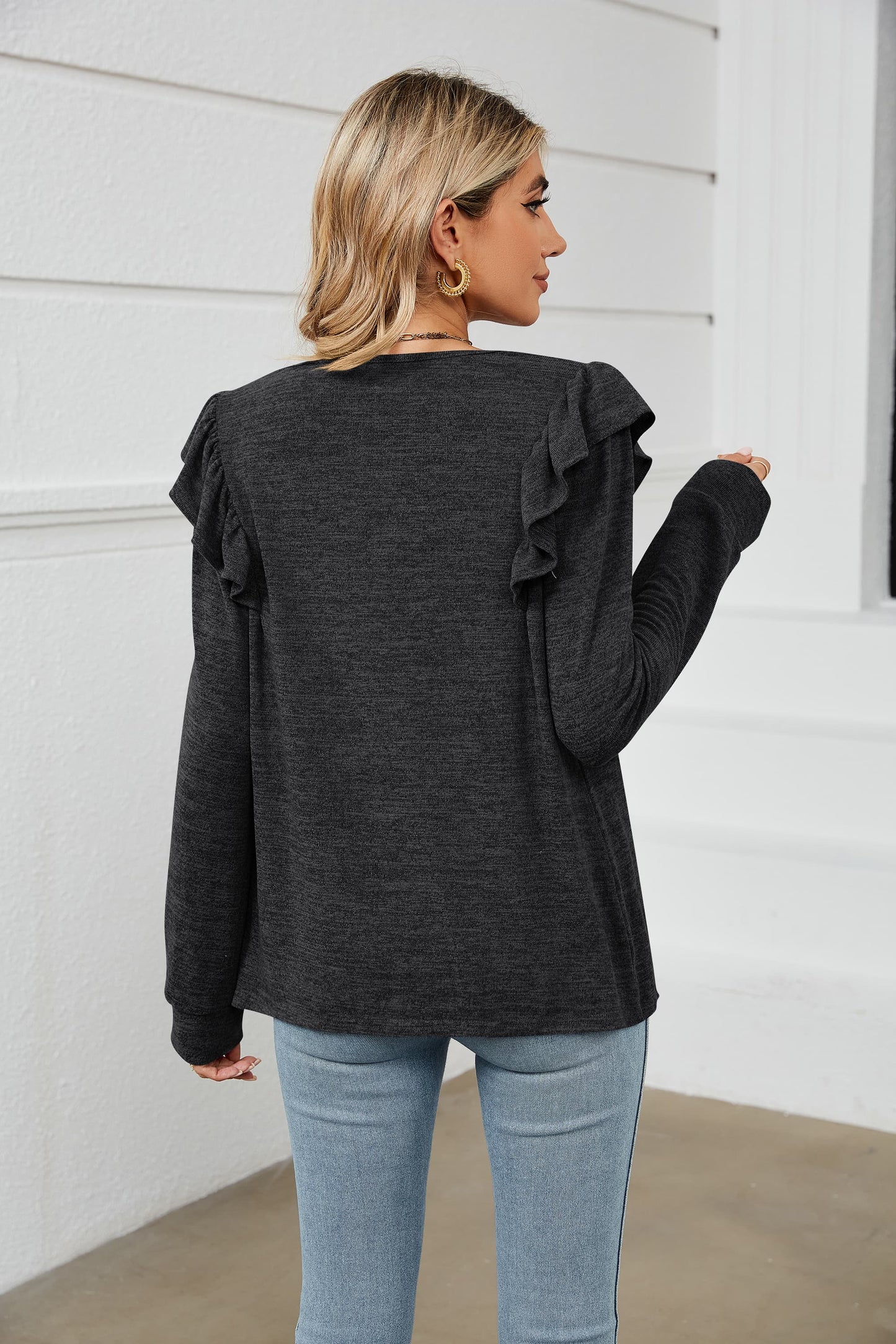 Square Neck Ruffle Shoulder Long Sleeve T-Shirt