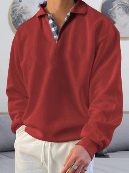 Men's solid color lapel loose long-sleeved POLO shirt