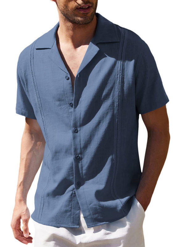 Men's Loose Casual Linen Shirt Cuban Guayabera Short Sleeve Beach Shirt