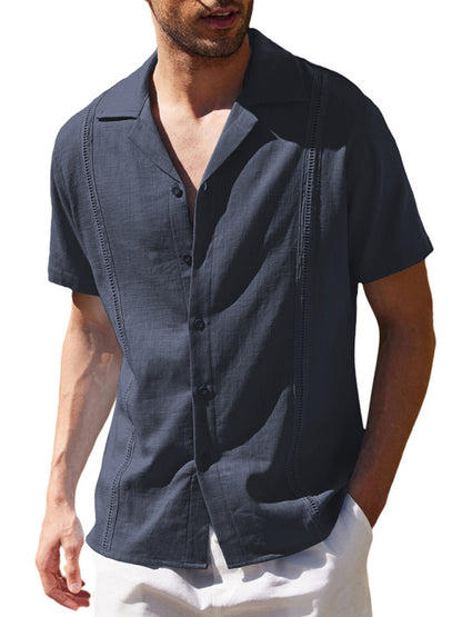 Men's Loose Casual Linen Shirt Cuban Guayabera Short Sleeve Beach Shirt