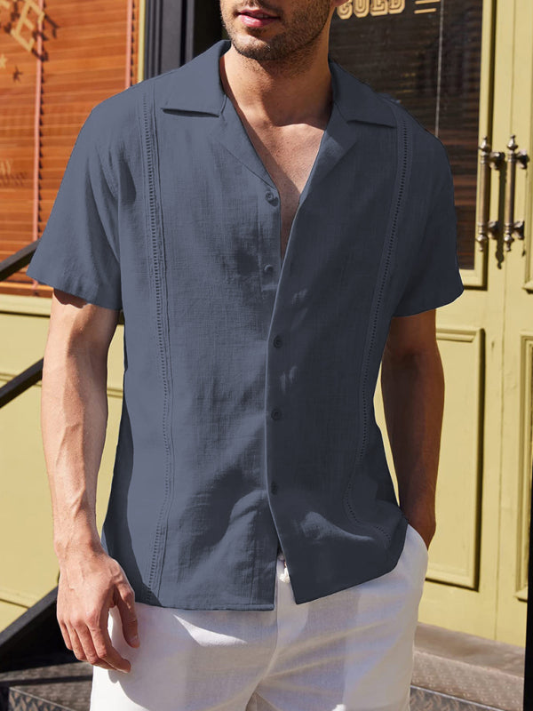 Men's Loose Casual Linen Shirt Cuban Guayabera Short Sleeve Beach Shirt