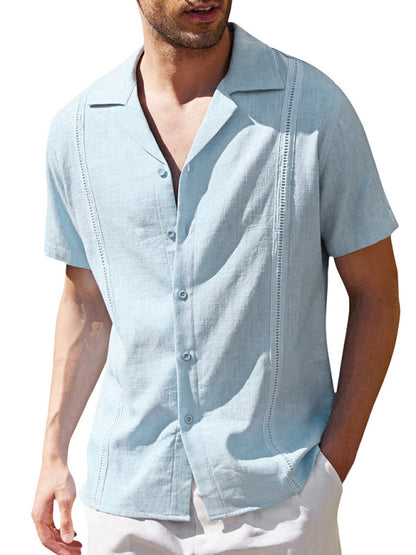 Men's Loose Casual Linen Shirt Cuban Guayabera Short Sleeve Beach Shirt