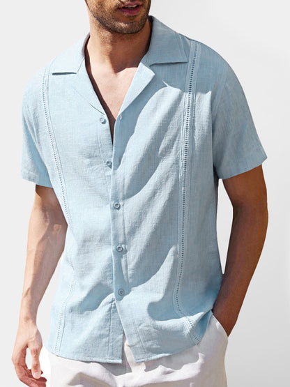 Men's Loose Casual Linen Shirt Cuban Guayabera Short Sleeve Beach Shirt