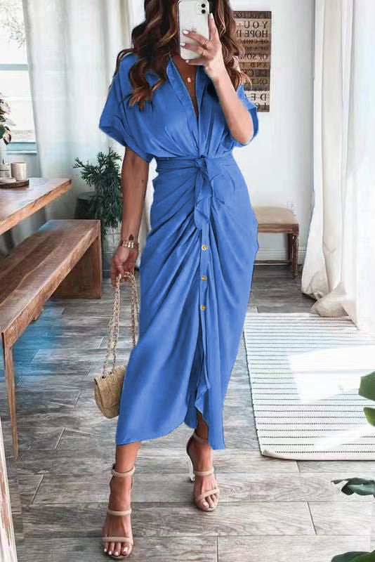 Women's Solid color pleated short sleeve shirt dress