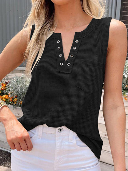 Women's Solid Color Lace Up Waffle Knit Tank Top