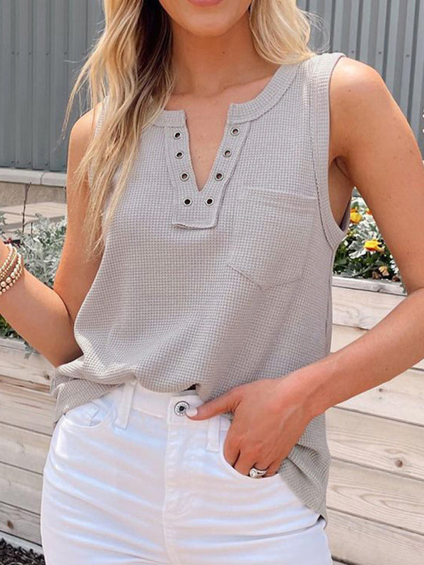 Women's Solid Color Lace Up Waffle Knit Tank Top