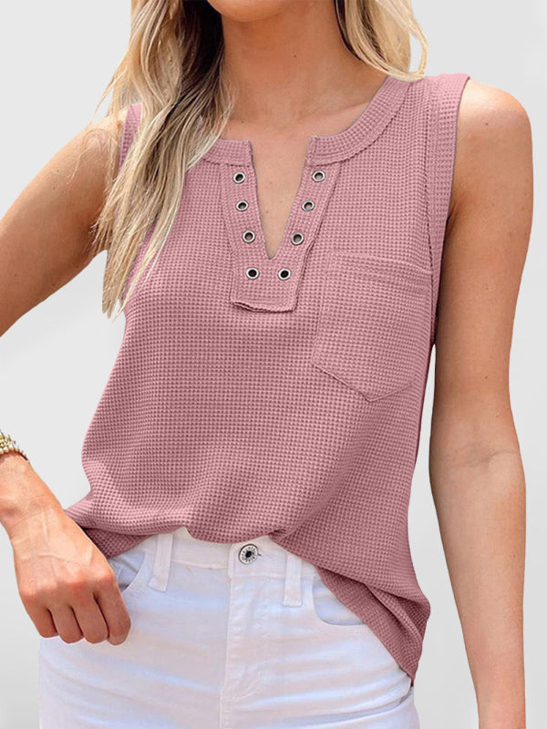 Women's Solid Color Lace Up Waffle Knit Tank Top