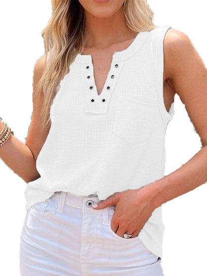 Women's Solid Color Lace Up Waffle Knit Tank Top