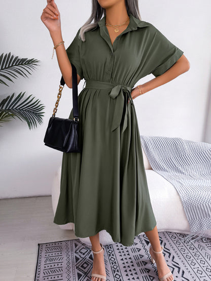 Women's Solid Color Tie Front Linen And Cotton Midi Shirtdress