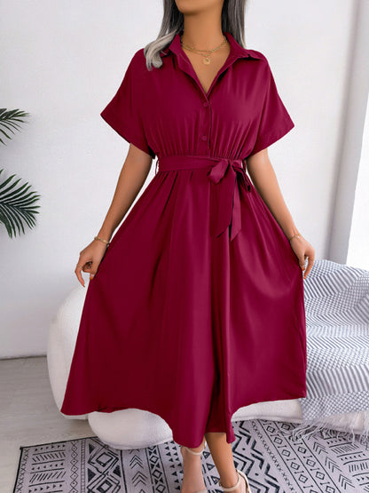 Women's Solid Color Tie Front Linen And Cotton Midi Shirtdress